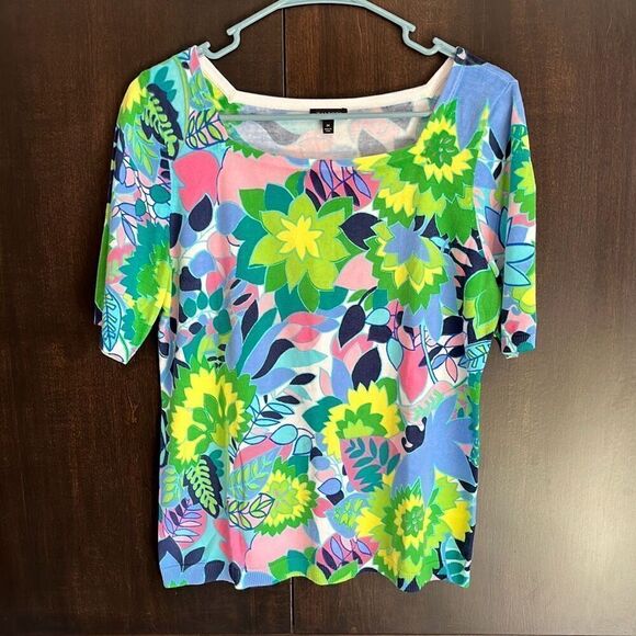 Talbots Tropical Floral Square Neck Elbow Sleeve Sweater Medium - Picture 2 of 5